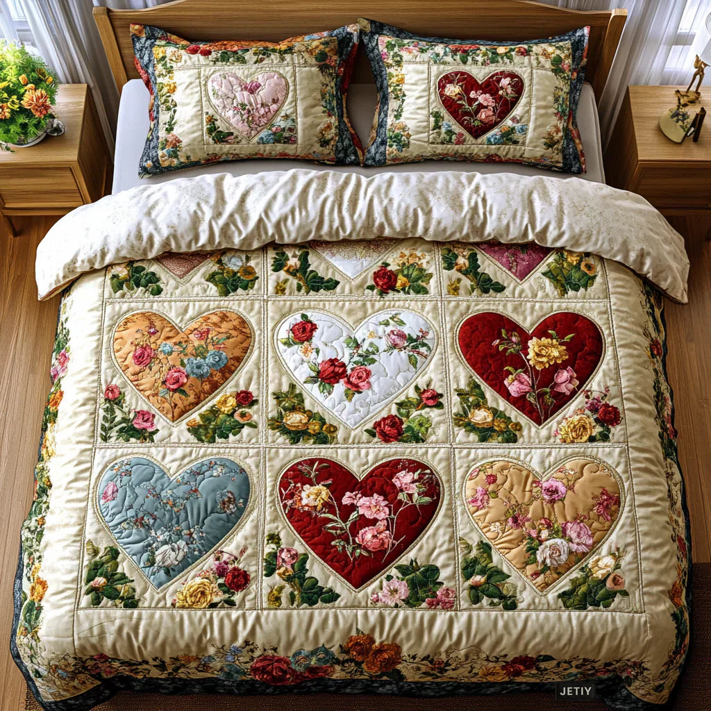 Kviltat Sängset 3 Delar – Hearts in Love